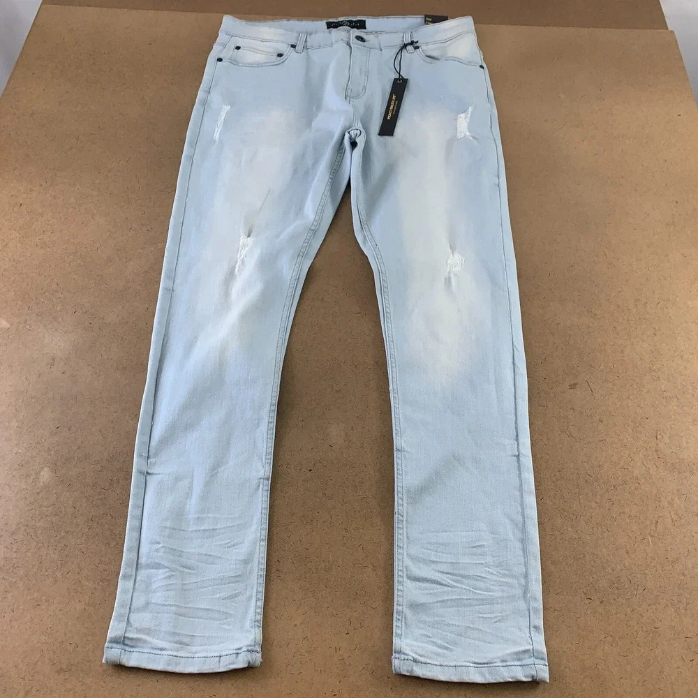 Peace Untd Men's Size 40 Light Wash Distressed Stretch Super Skinny Jeans NWT